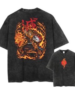 Men Streetwear Summer Rengoku Kyoujurou Top Tee Harajuku Anime Demon Slayer Printed T-shirt Vintage Washed Oversized Tshirt