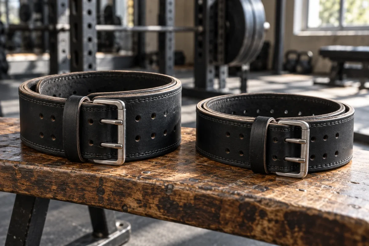 10mm vs 13mm lifting belt: which should you choose? | the gym pro Two Black Leather Lifting Belts On A Gym Bench
