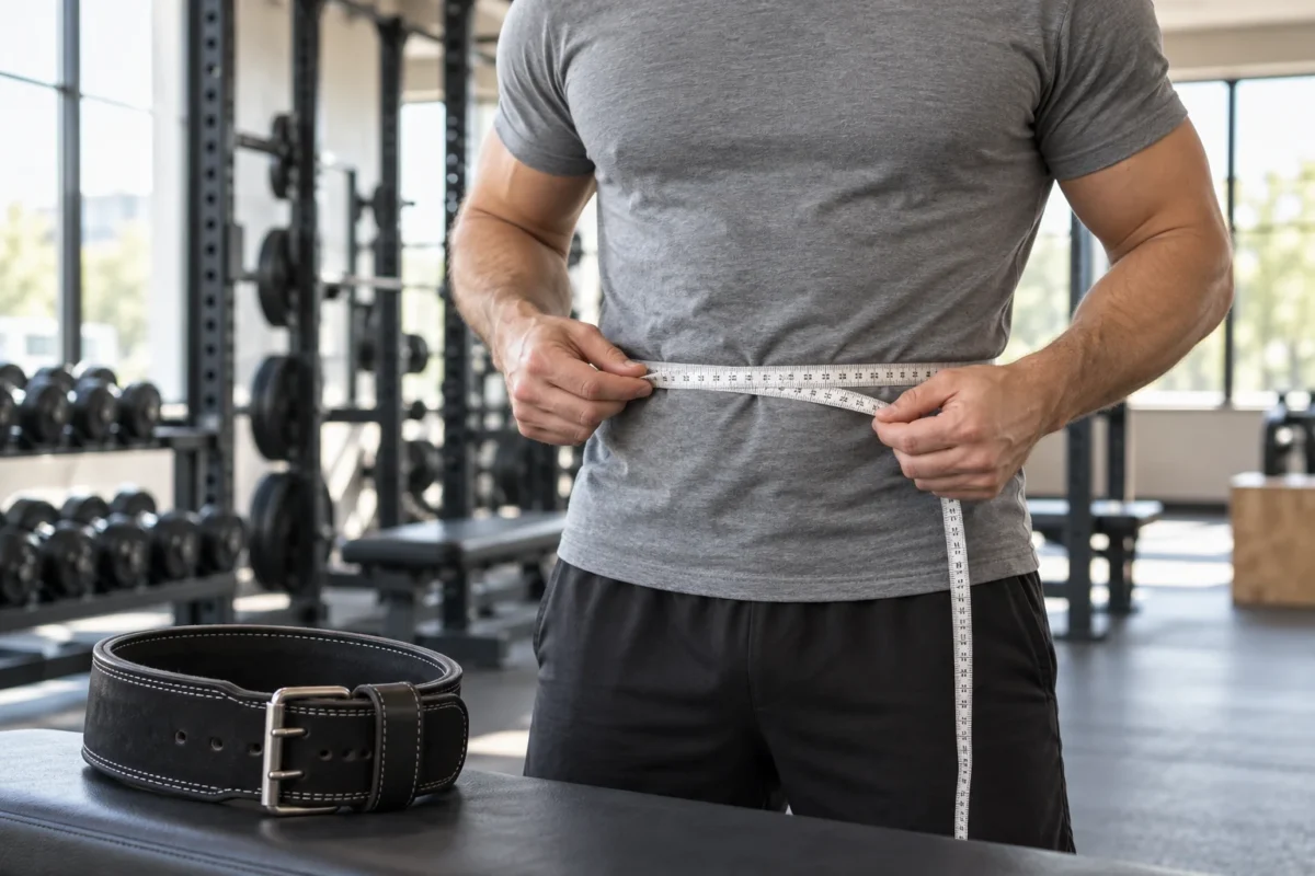 How to measure lifting belt size: a step-by-step guide | the gym pro Lifter Holding A Measuring Tape Around The Abdomen Over A Grey Training Shirt