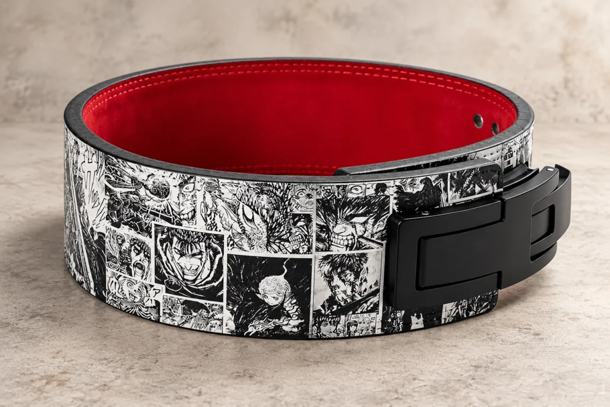 How to adjust a lever lifting belt before training | the gym pro Edited Studio Photo Of A Black-And-White Berserk Lever Belt With Red Lining And Black Lever