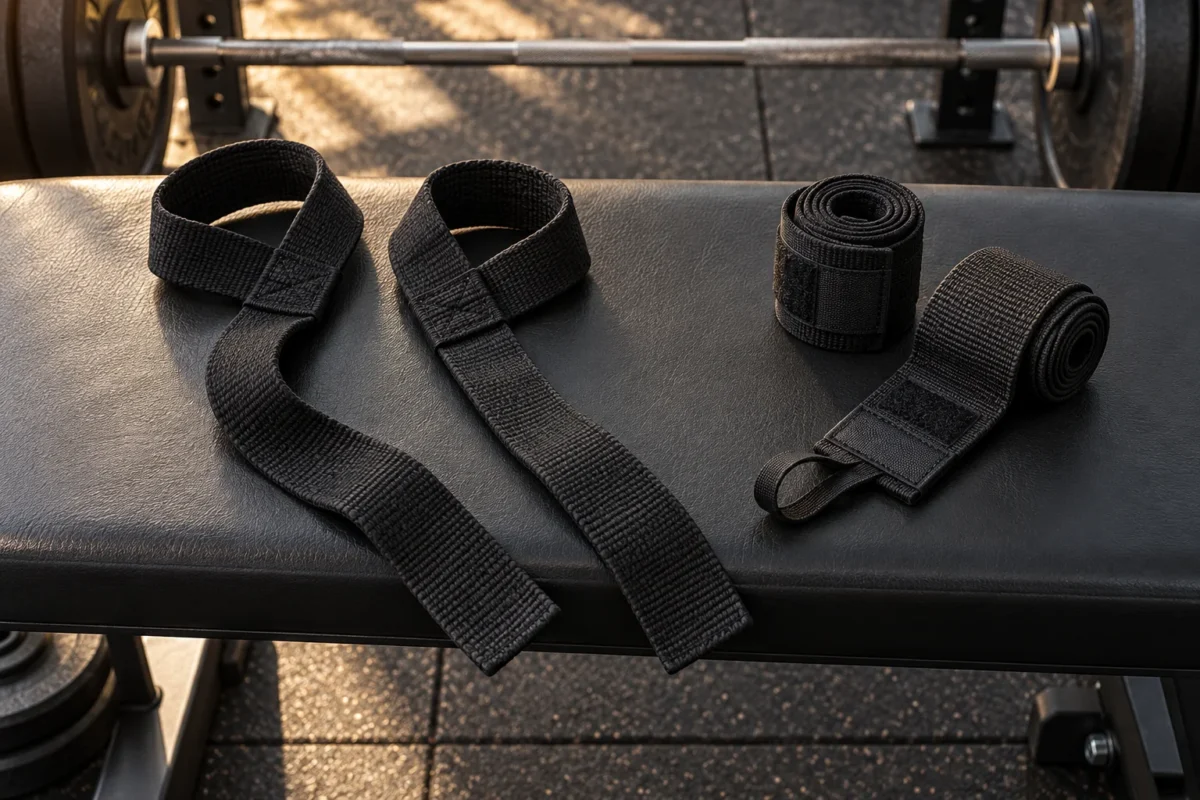 Lifting straps vs wrist wraps: which do you need? | the gym pro Lasso Lifting Straps And Elastic Wrist Wraps Arranged Separately On A Gym Bench