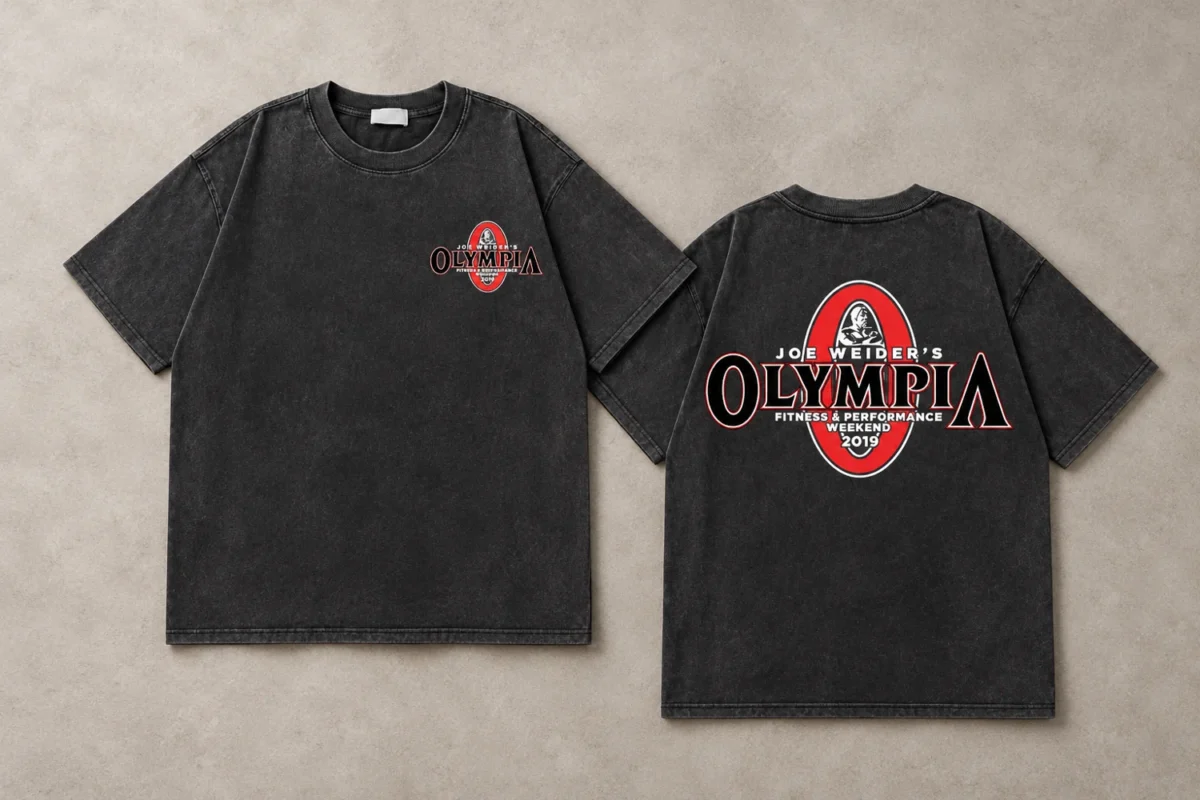 Old-school bodybuilding gymwear: build a practical look | the gym pro Edited Studio Photo Showing Front And Back Of A Charcoal Mr Olympia Bodybuilding T-Shirt