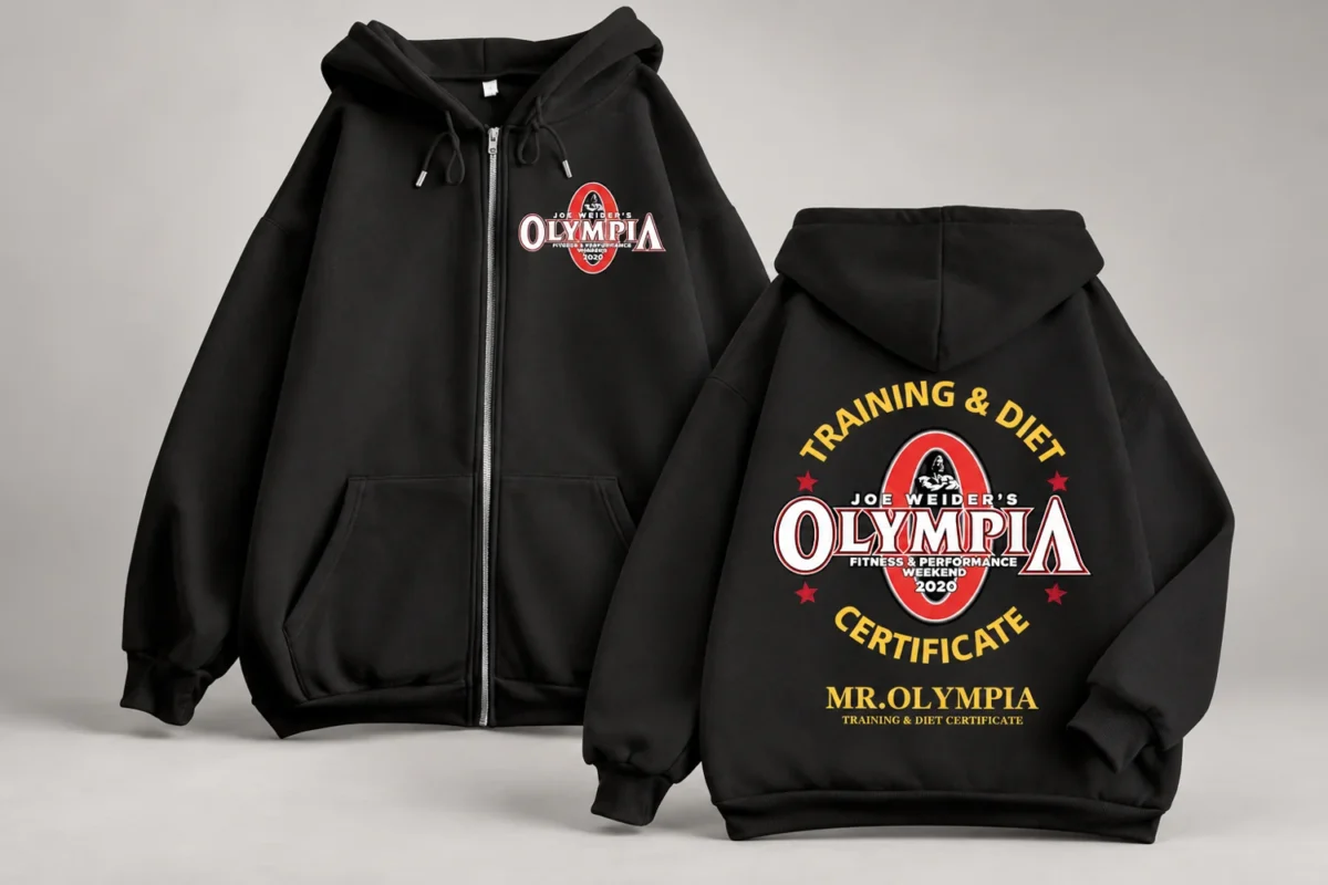 Winter gym layers: what to wear before and during lifting | the gym pro Edited Studio Photo Showing Front And Back Of A Black Mr Olympia Zip-Up Gym Hoodie